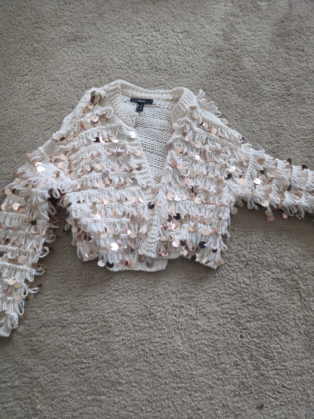 Forever 21 Cream Cropped Knit Blazer with Rose-Gold Sequins